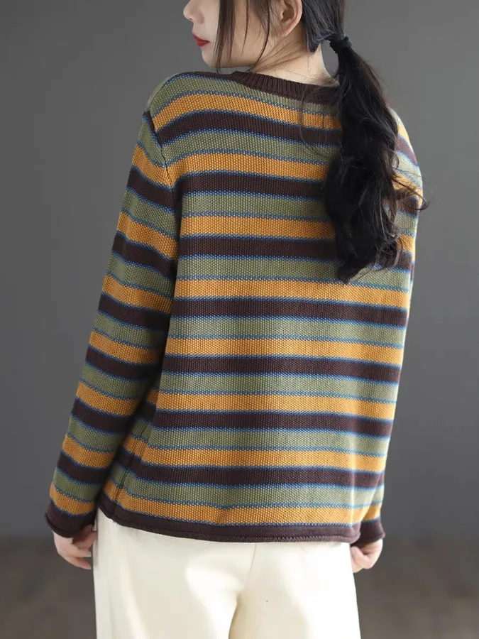 Cardigan aberto de malha de algodão artístico retrô plus size feminino listrado cor blo ort suéter jaet top para outono inverno