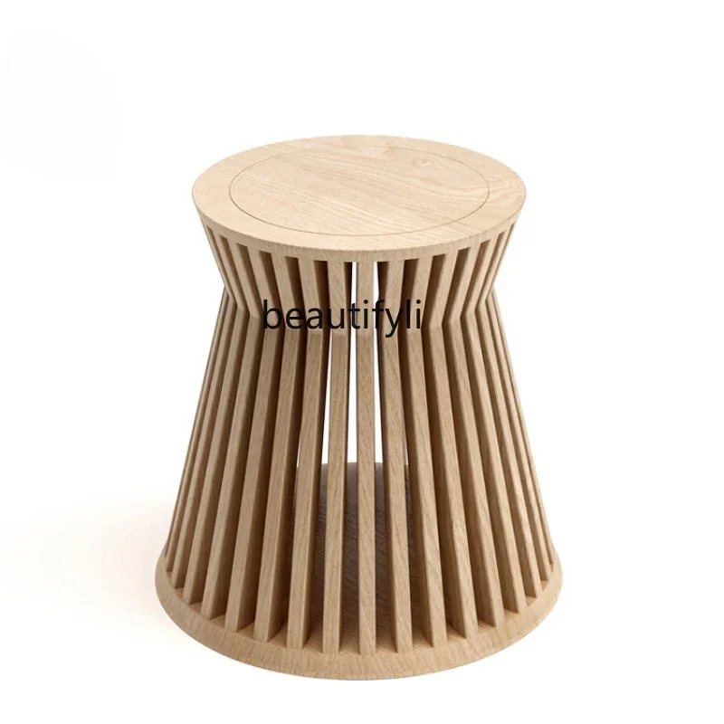 

New Chinese style side table, solid wood model room sofa corner table hotel, log color living room decoration round table