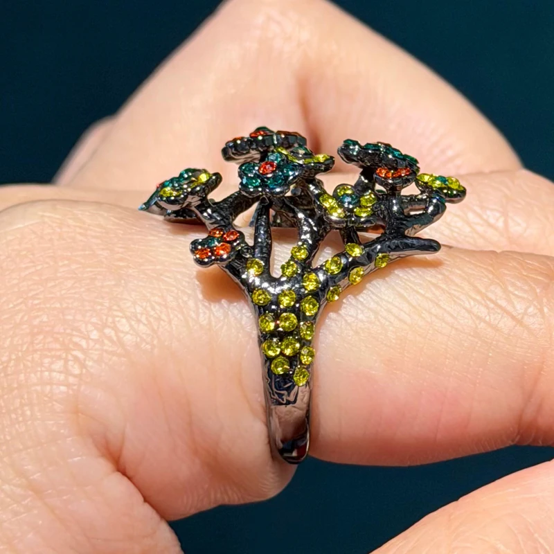 

Vintage Plum Blossom Flower Black Rings Antique Colorful Plated Jewelry Retro Charm Luxury 2026 For Women Festival Deco