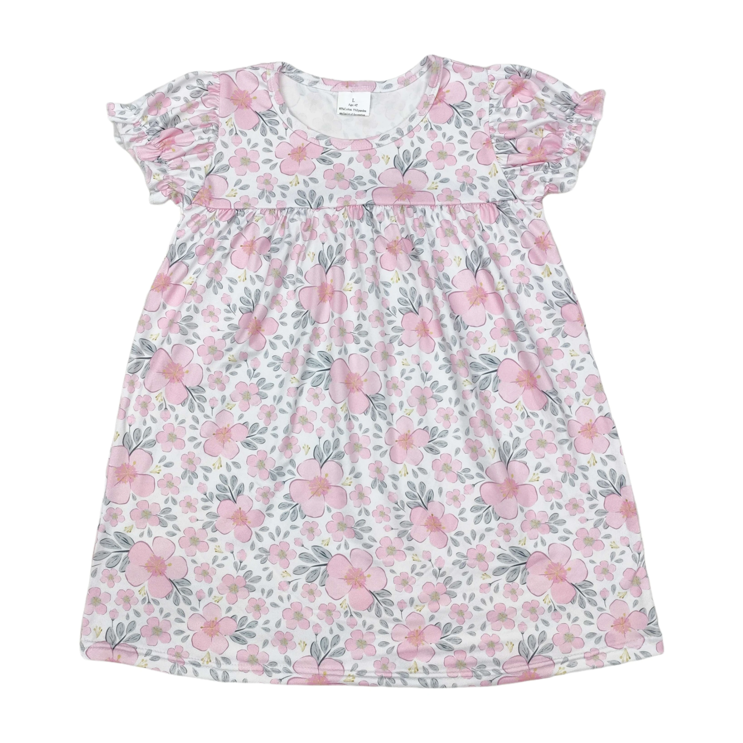 

Wholesale Kids Children Short Sleeves Bows Floral Toddler Ruffle Clothing Baby Girl Knee Length Pink Flowers Leaves Dress
