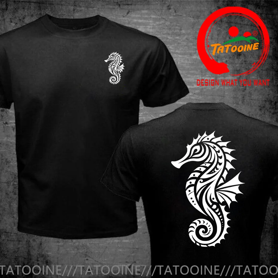 Funny Front Back Print Cartoon Tribal Water Seahorse Tattoo Swim Training T Shirt Sea Horse T-Shirt Boys Fashion Casual TeeShirt