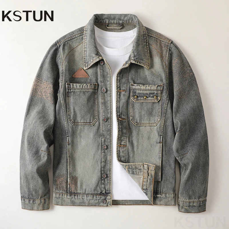 

KSTUN 2025 Мужское джинсовое пальто Джинсовая куртка Ретро Синяя спецодежда Вышитые заклепки Винтажное повседневное пальто для мужчин Ковбойская куртка свободного покроя