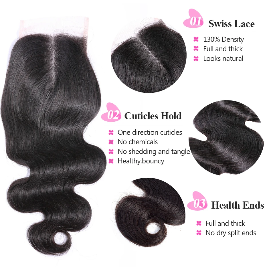 ISEE HAIR Brazilian Body Wave Closure Free Part Hand Tied 100% Remy Human Hair 4*4 Lace Closure Nature Color