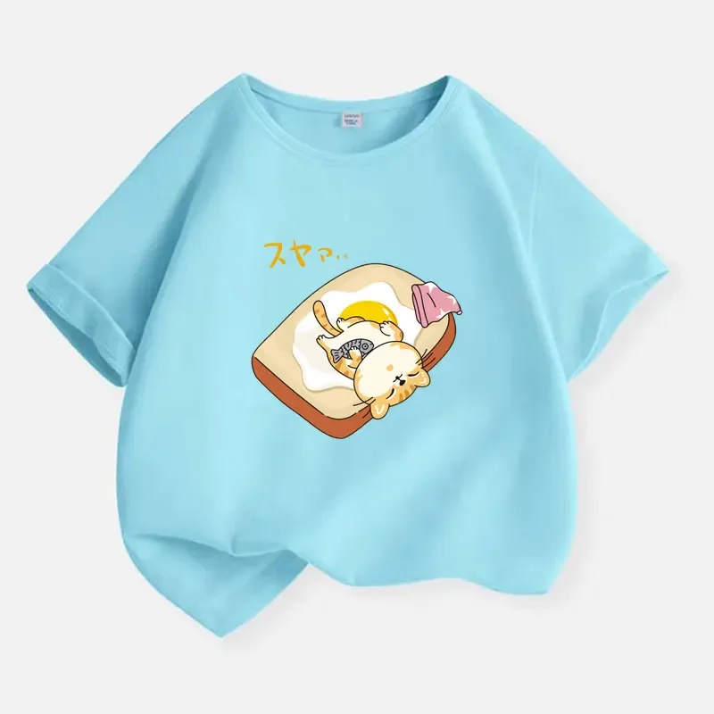 Kids Short Sleeve T Shirt Cute Sleeping Cat Lying On Toast Fried Egg Japanese Text Print Casual Summer Daily Outfit