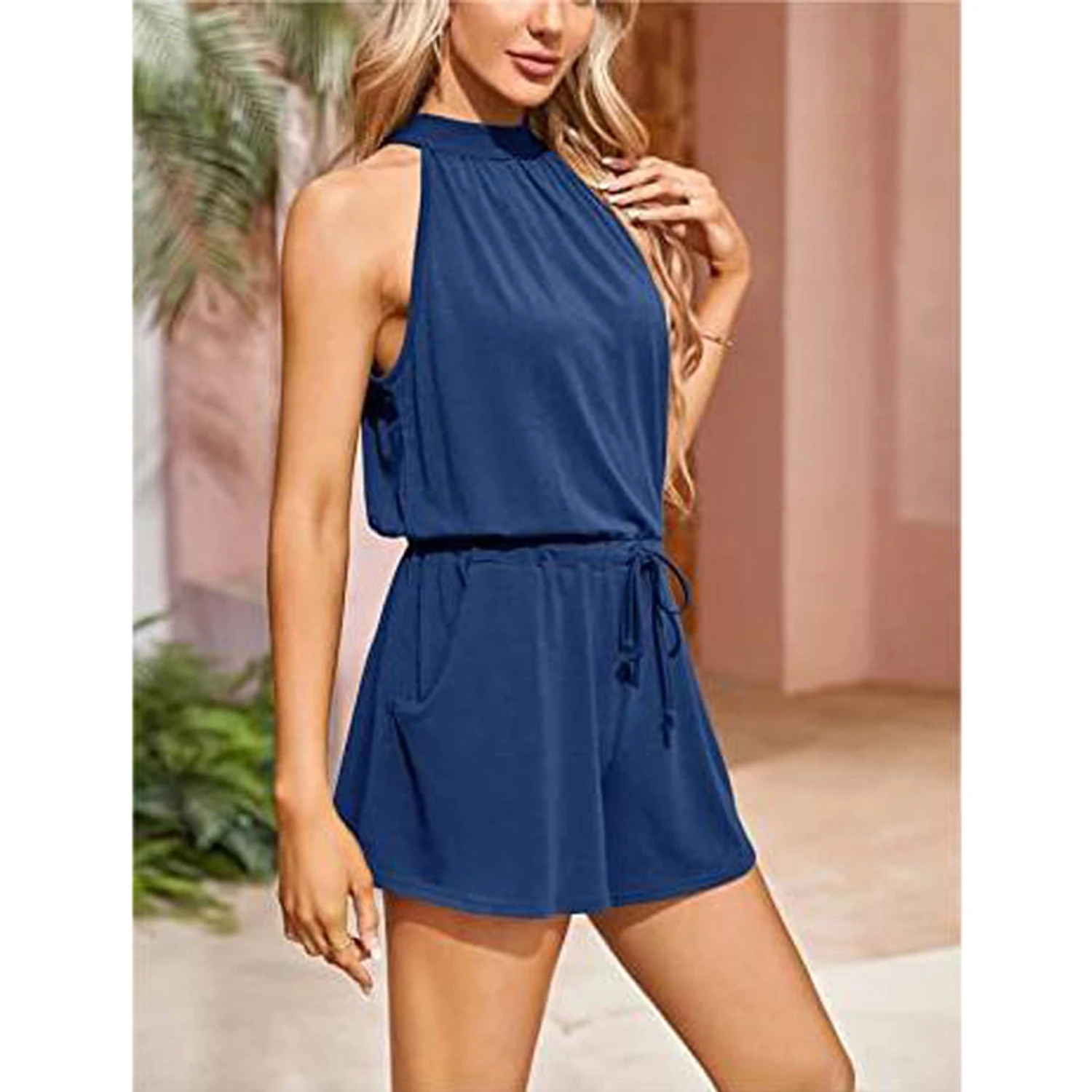 

Women's Summer Halter Neck Elastic Waist Solid Color Shorts Jumpsuit Rompers with Pockets