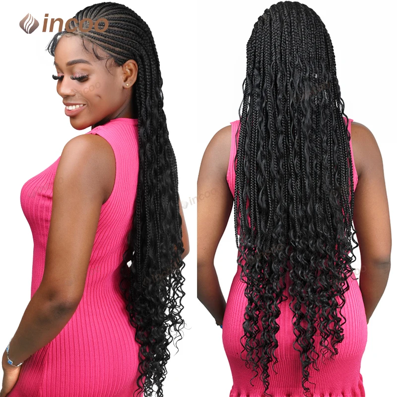 36インチ合成ボヘミアン風グルーレス編み込みウィッグ黒人女性用フルレースボックス編み込みウィッグサイドパートコーンロウ編み込みウィッグ
