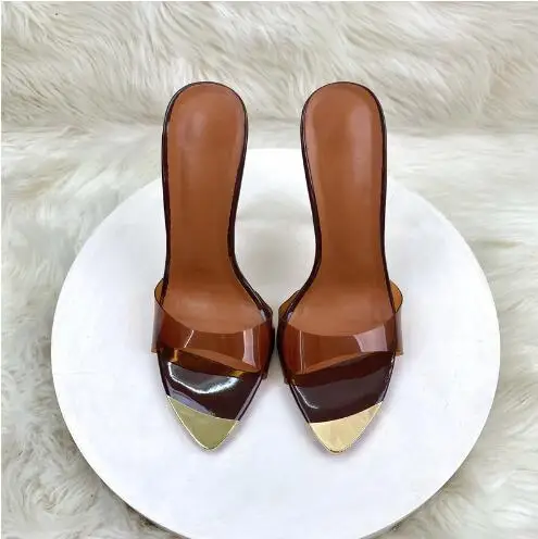 Sexy Women Brown Transparent PVC Gold Metal Pointed Open Toe 12 CM Stiletto Heel Shallow Slippers High Heels Party Shoes Size 46