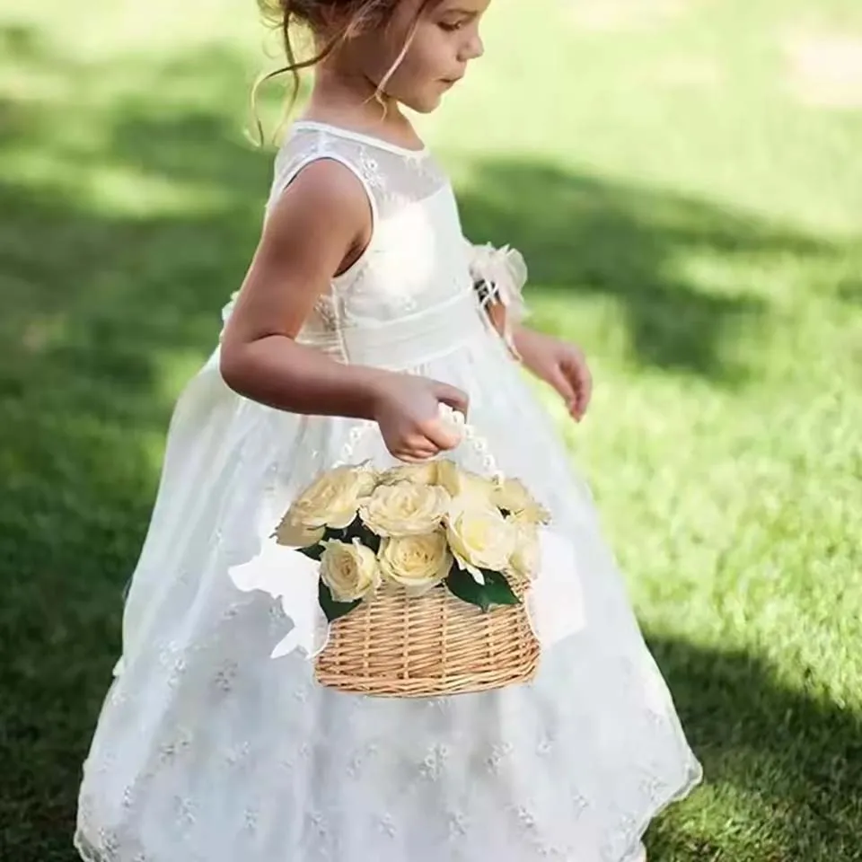One Wicker Rattan Flower Child Basket With Pearl Handle And Bow Hand Woven Easter Basket Wicker Basket For Weddings (Brown) image 4