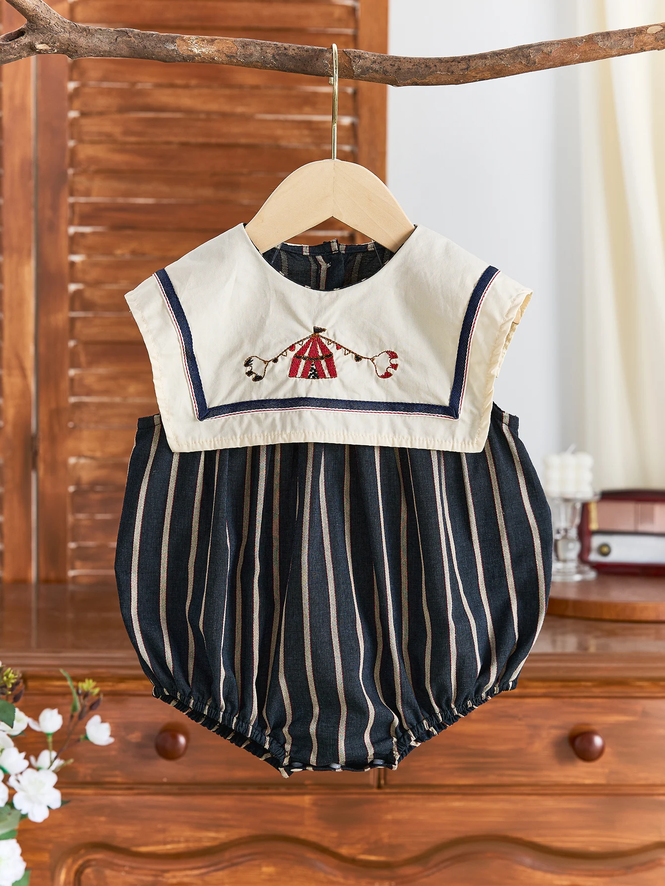 Summer Baby Girl's Large Lapel Sleeveless Triangular Jumpsuit with Striped Body and Navy Collar image 6