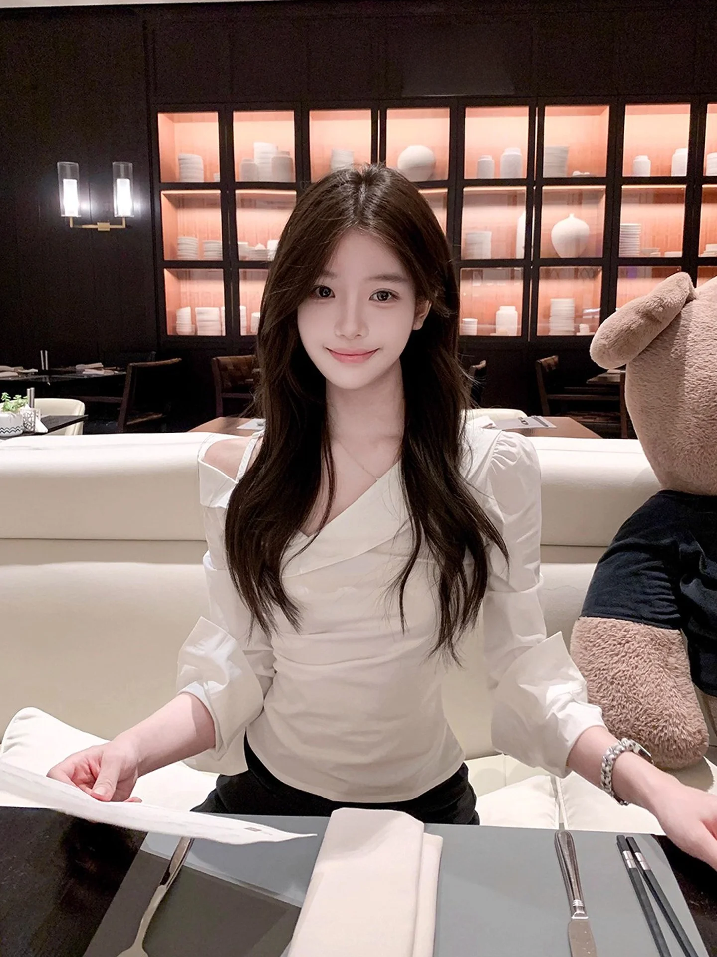 

Slim Fit Long Sve irt Women's Spring Autumn New Sle Unique oulder Bared Waist Cinching Slimming Versatile Top