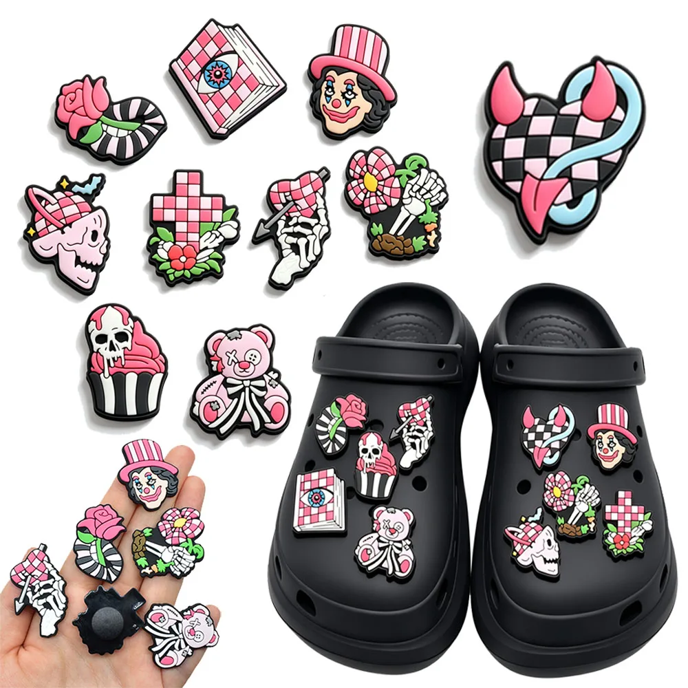 10-100PCS Gothic Pink Skull Shoe Charms Spooky Bear Skeleton Shoe Pins for Croc Best Halloween Gift
