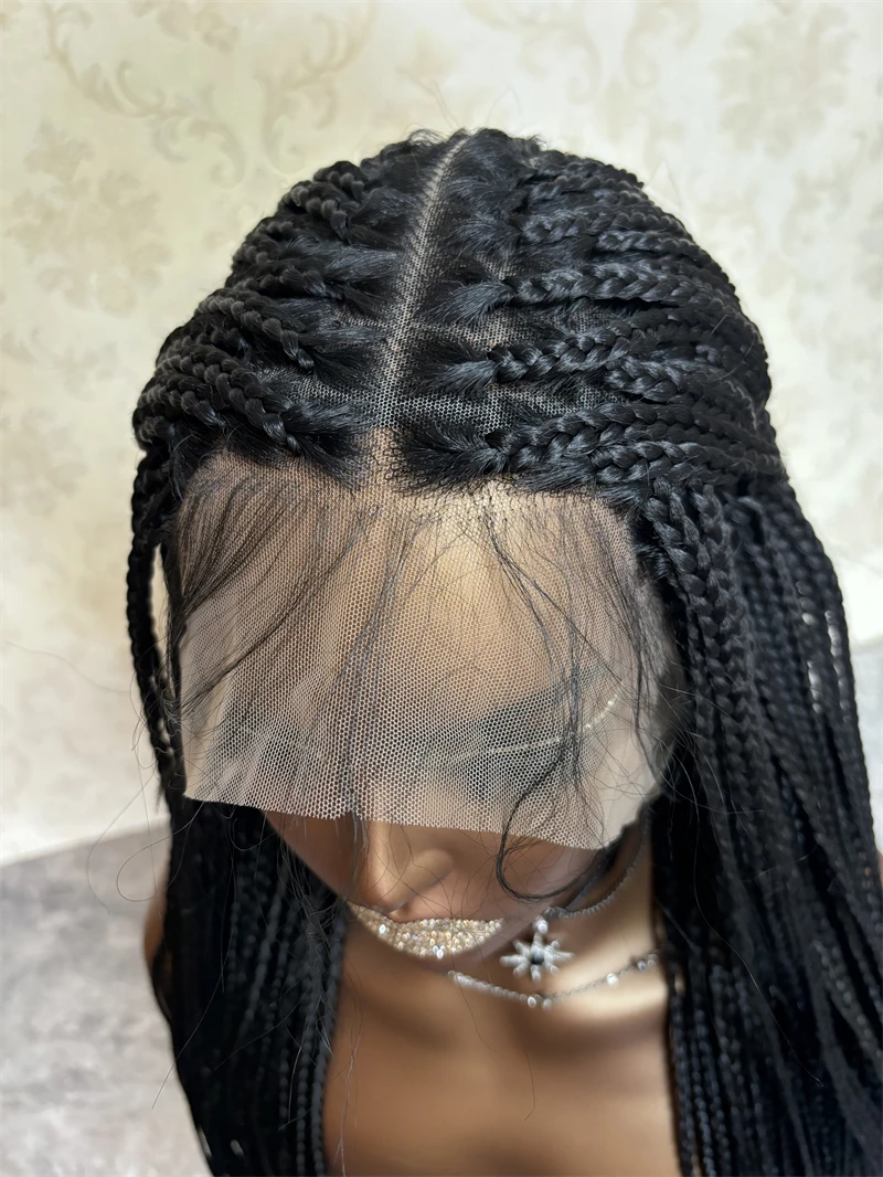 Braided Synthetic Wigs Small Box Braids Lace Front Wigs Cornrow Knotless Braided Frontal Wigs African Square Hair Wigs for Women