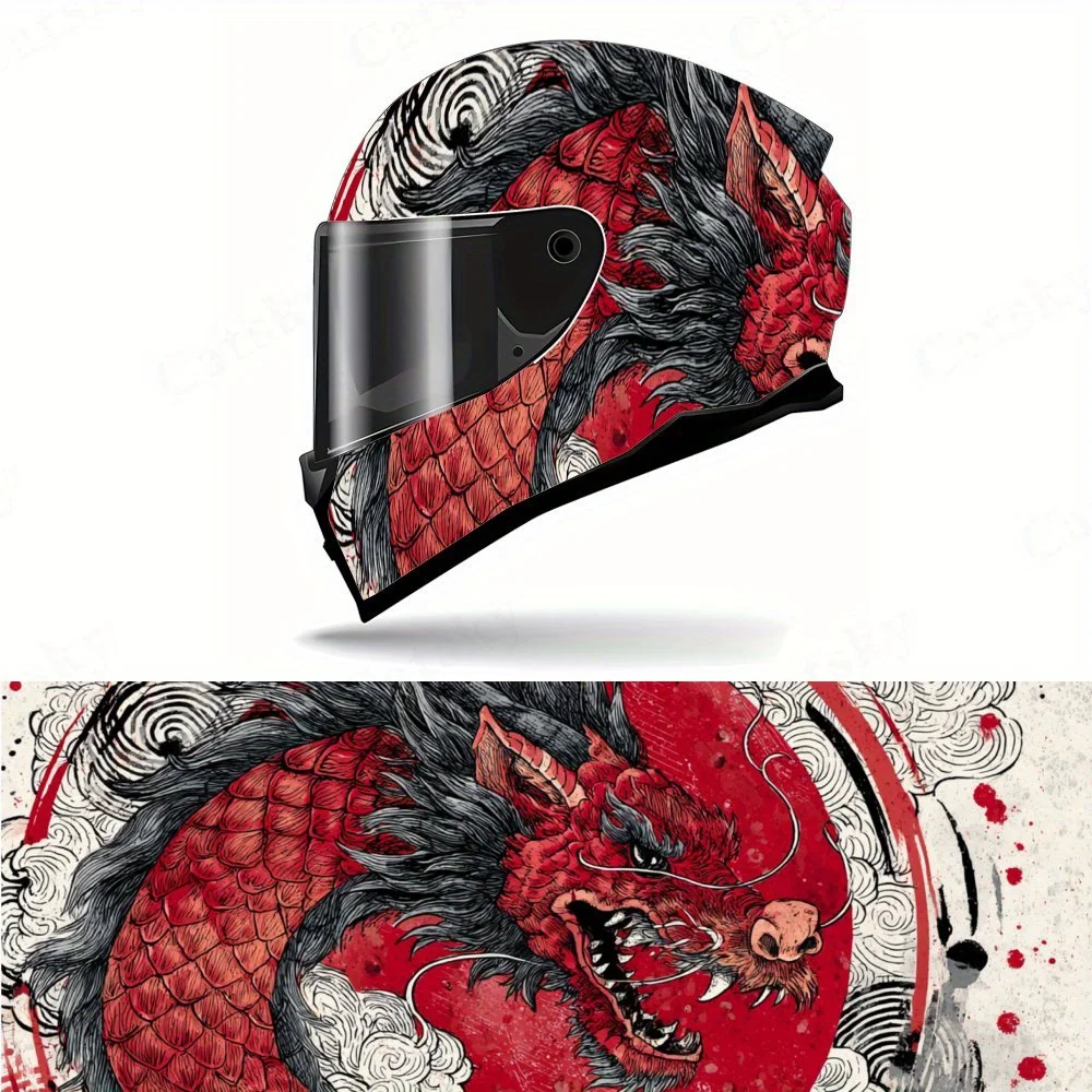 

Red Dragon Tattoo - Style PVC Motorcycle Helmet Vinyl Wrap, Self-Adhesive Waterproof Sticker, Anti-Scratch Decorative Film for F