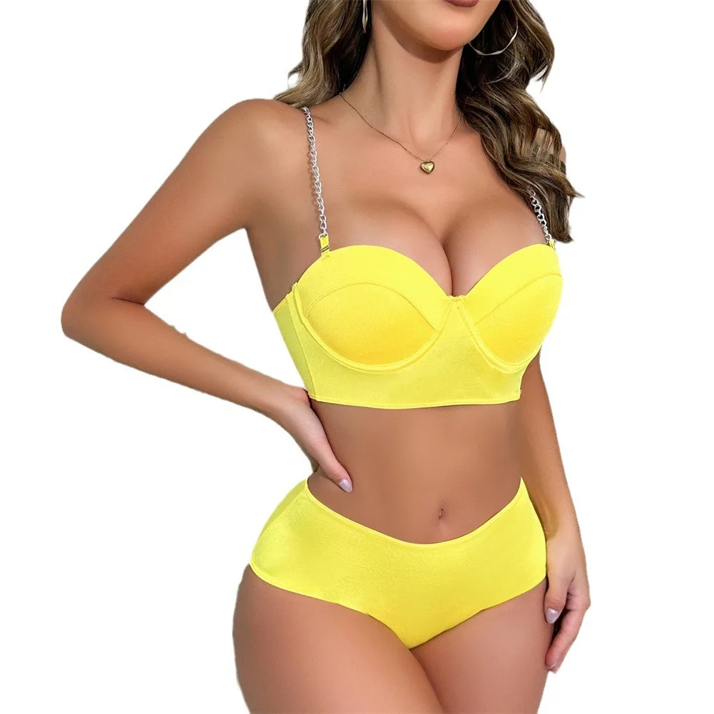 Maiô amarelo feminino meio peito biquíni de três pontos sexy maiô roupas lingerie roupa interior moda plus size sutiã