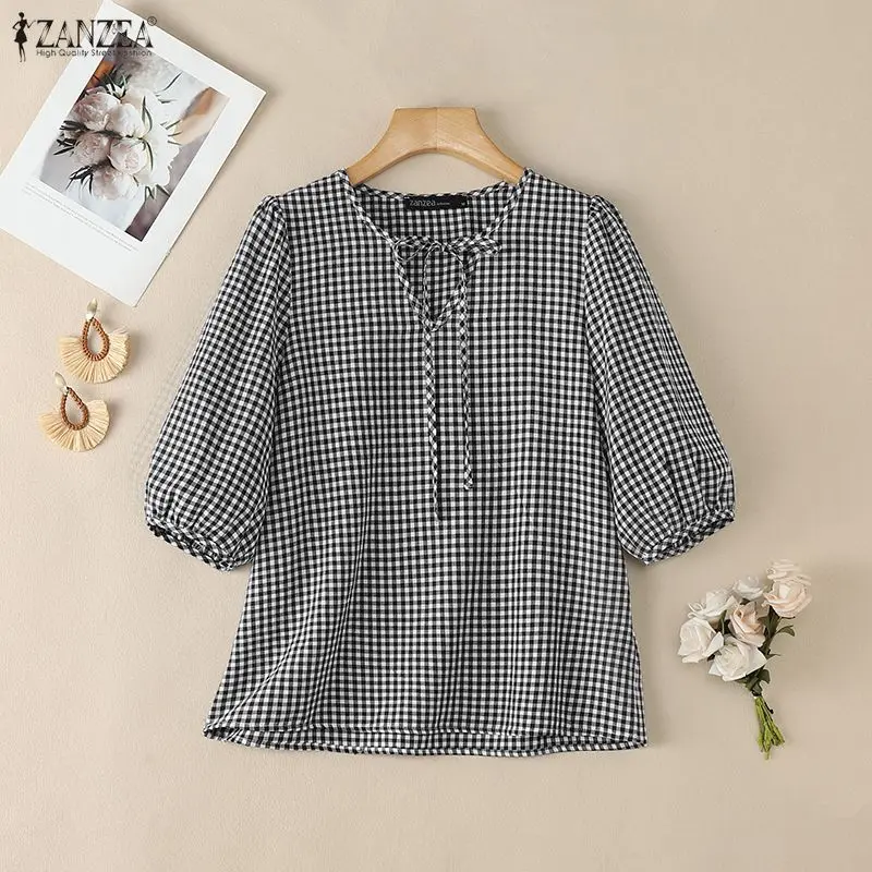 

2026 ZANZEA Летняя женская рубашка в клетку, стильная праздничная блузка с кружевной отделкой, V-образный вырез, короткий рукав, топы для женщин, офисные блузы, туники, женская одежда