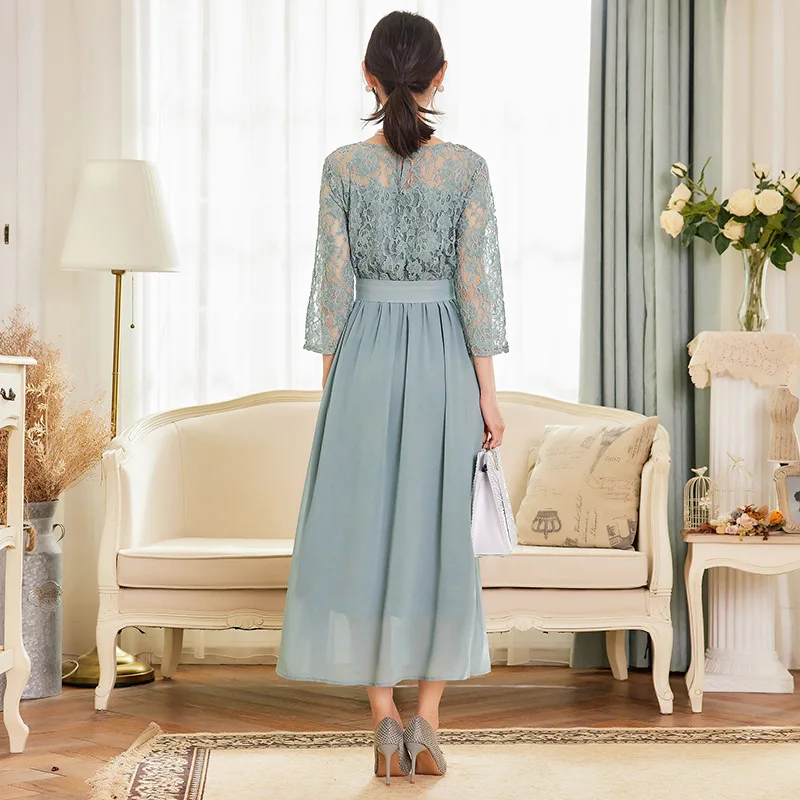 Elegant Round Neck Lace Chiffon Mid Length Semi-formal Dress With Three Quaters Sleeves