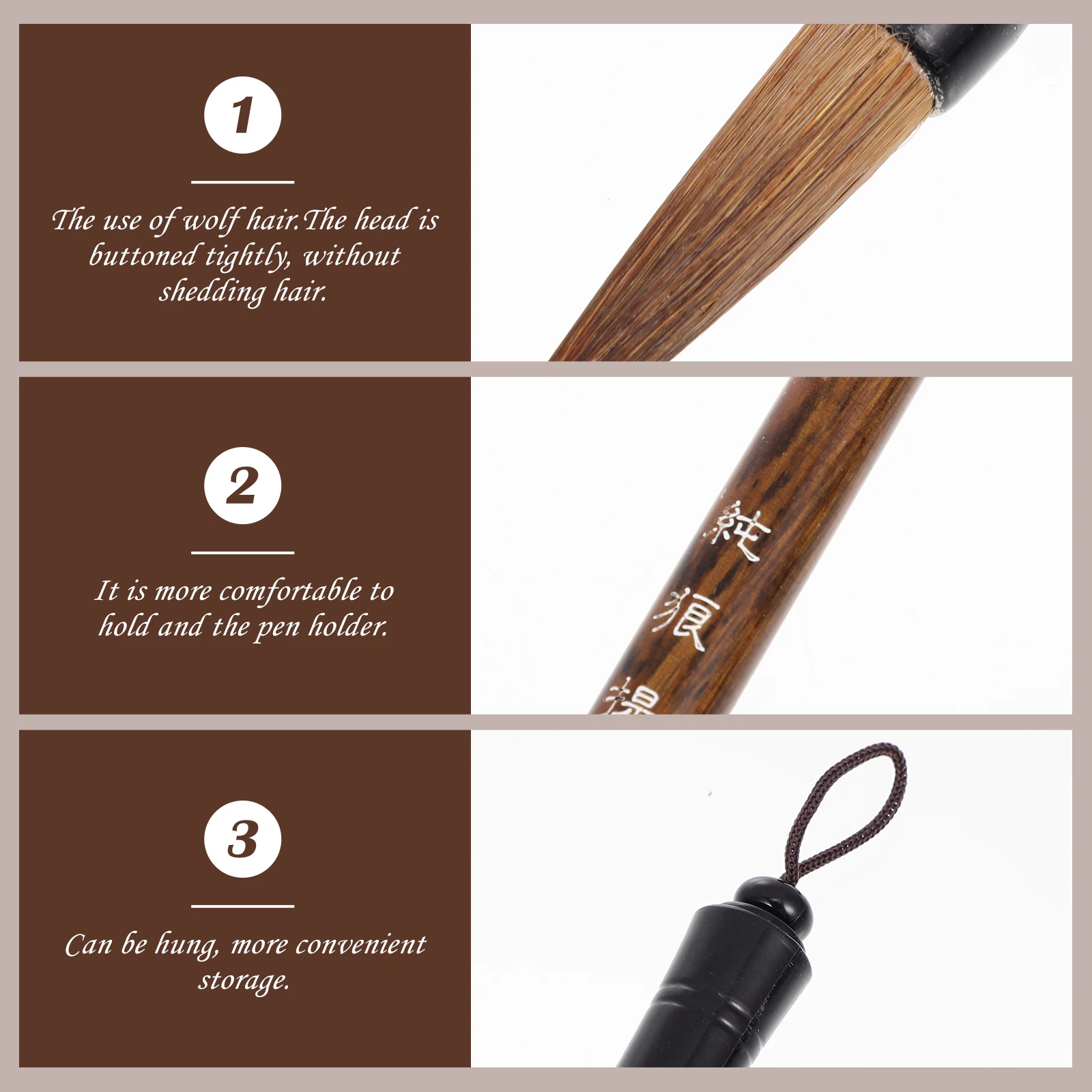 

3 Pcs Writing Pure Wolf Hair Pen Chinese Brushes Large Brown Wooden Calligraphy Tools for