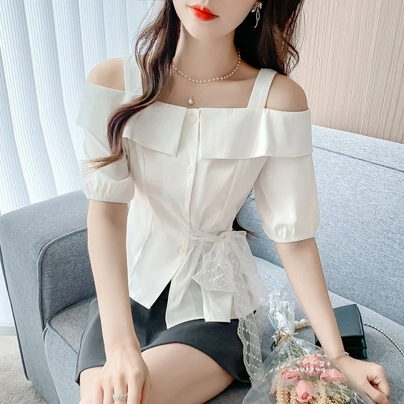 

2026 New Summer Off Shoulder Top With Lace Trim Tied Waist Asymmetric Hem Elegant Short Sleeve Blouse