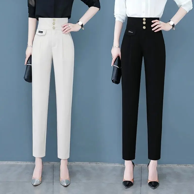 Pantalones de traje Vintage para mujer, novedad de primavera y verano 2021, pantalones bombachos finos de cintura alta, pantalones rectos informales, pantalones para mujer
