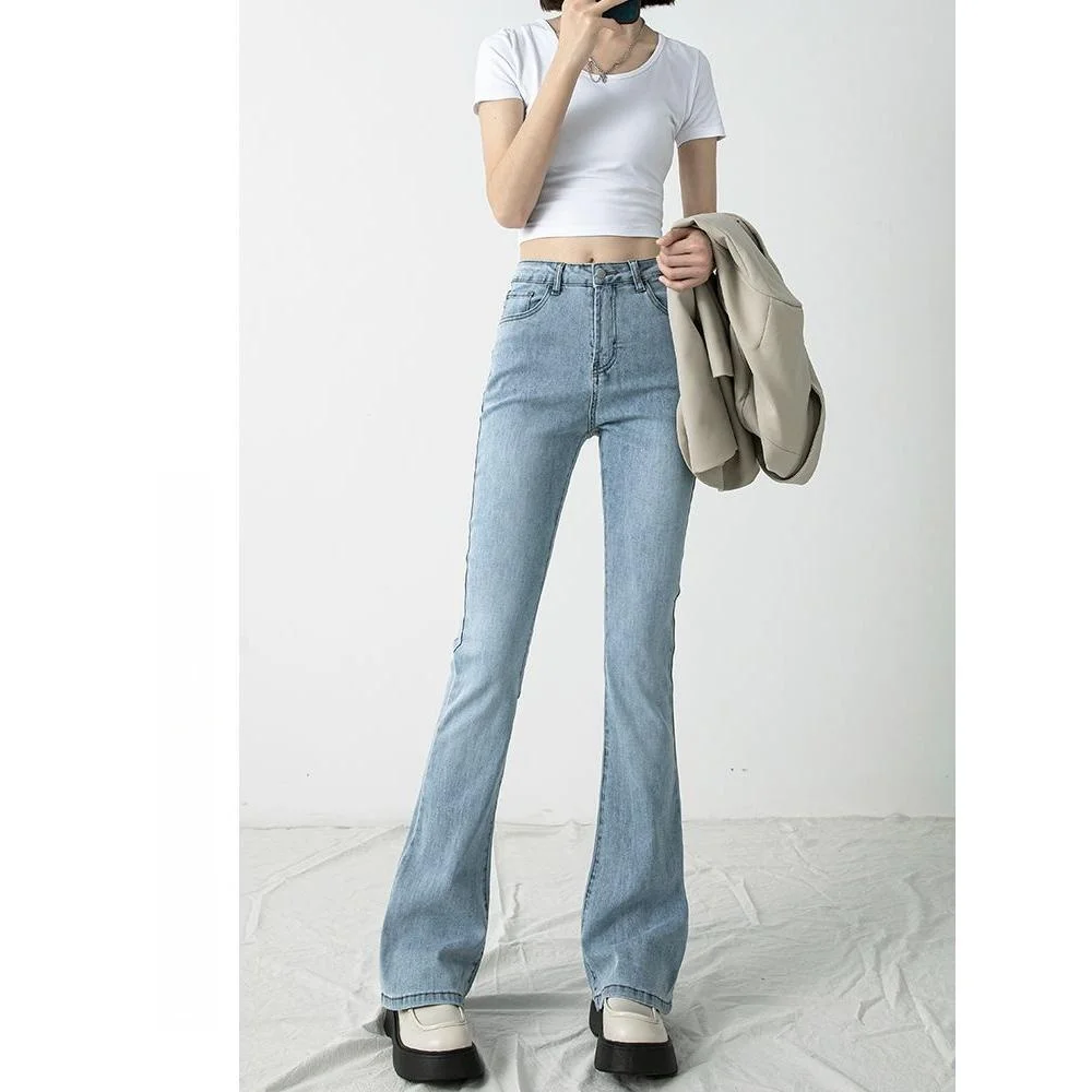 

Джинсы с высокой талией, слегка расклешенные, женские, весна-лето-осень, новый дизайн, повседневные прямые брюки, синие, хлопок/полиэстер