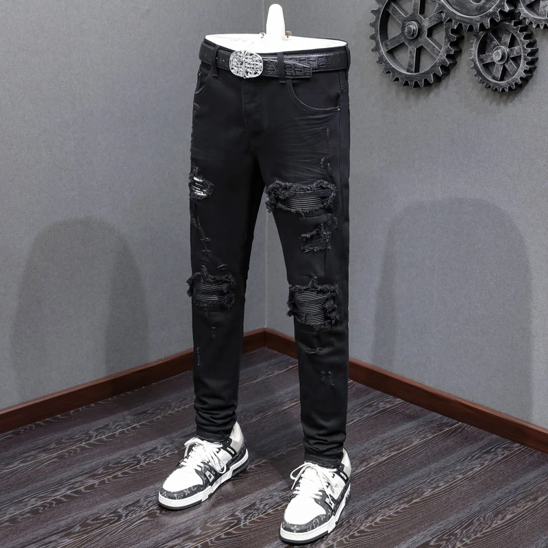 Designer fashion new men's jeans perforated patch elastic slim fit black jeans hip-hop brand high-quality elastic slim fit jeans