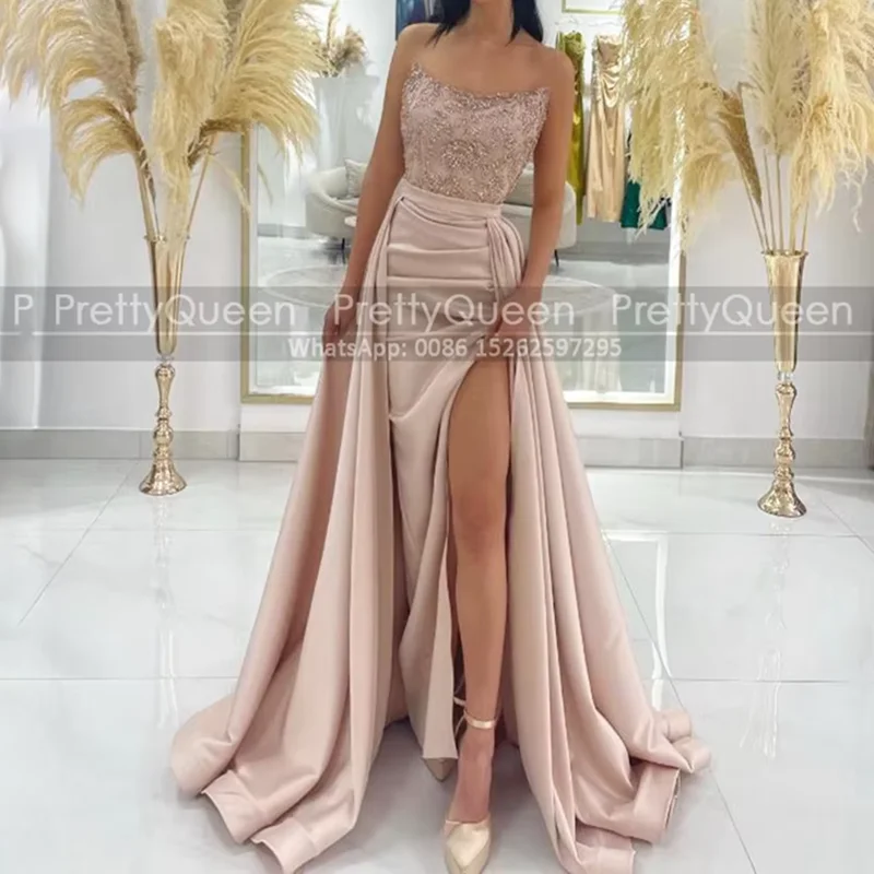 

Кружевные платья для выпускного вечера по индивидуальному заказу, верхняя юбка, длинное атласное платье без бретелек с высоким разрезом, женское вечернее платье, вечерние