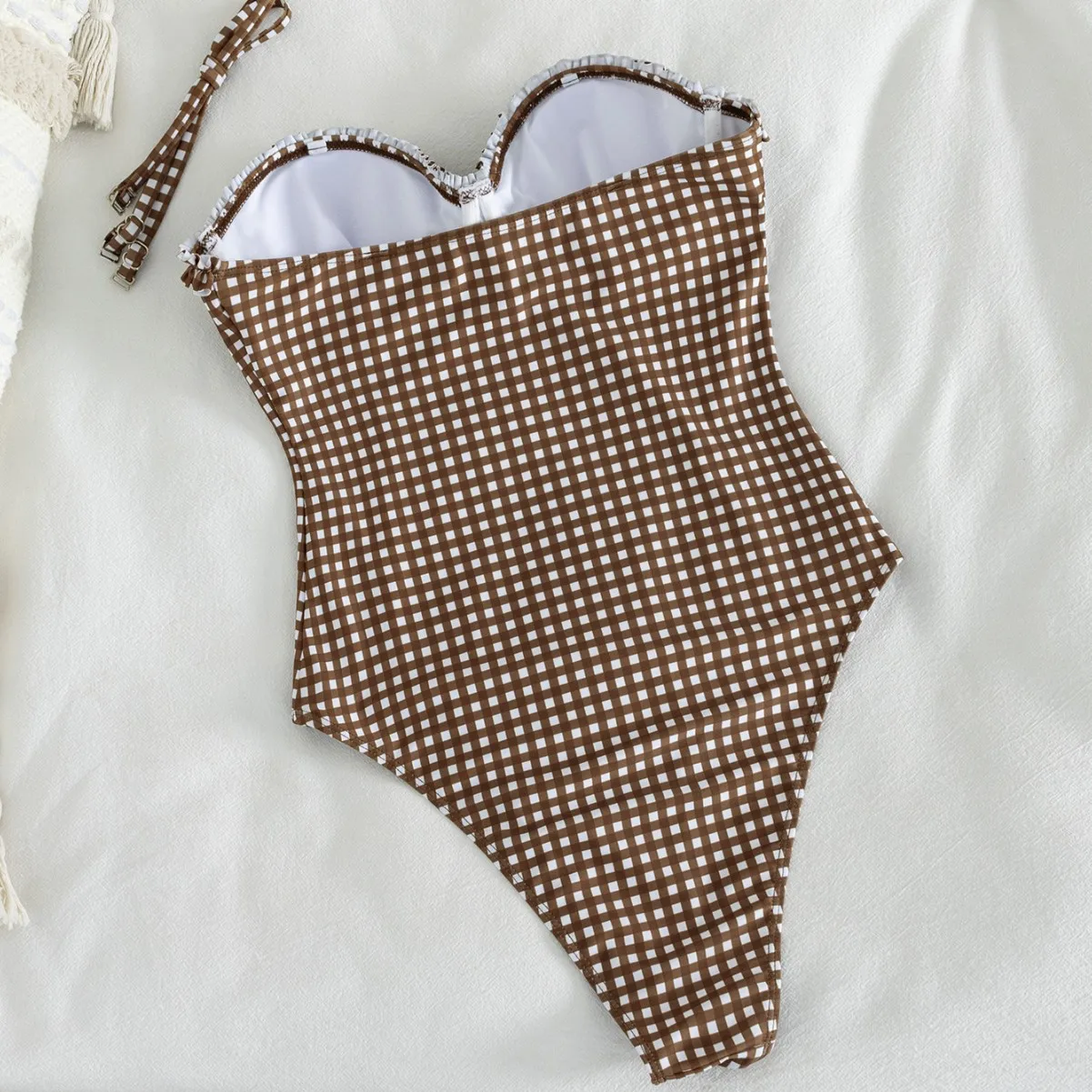 Women Gingham One Piece Suits Swimsuit Frill Trim Bustier Bodycon High Cut Bathing Suit Detachable Shoulder Strap Beach Swimwear