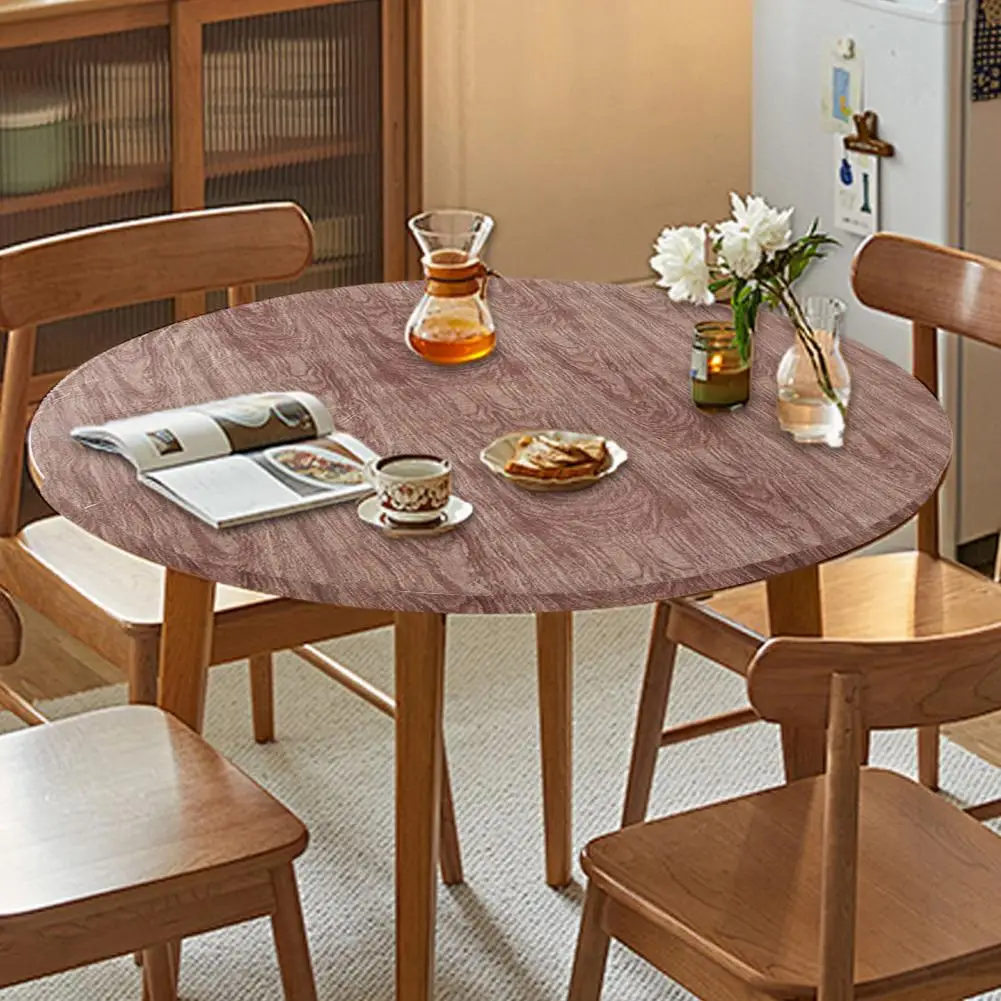 

Fitted Round Table Cover Waterproof Oil Proof Tablecloth with Elastic Edges Wood Grain Pattern Rustic Table Cover for Holiday Pa