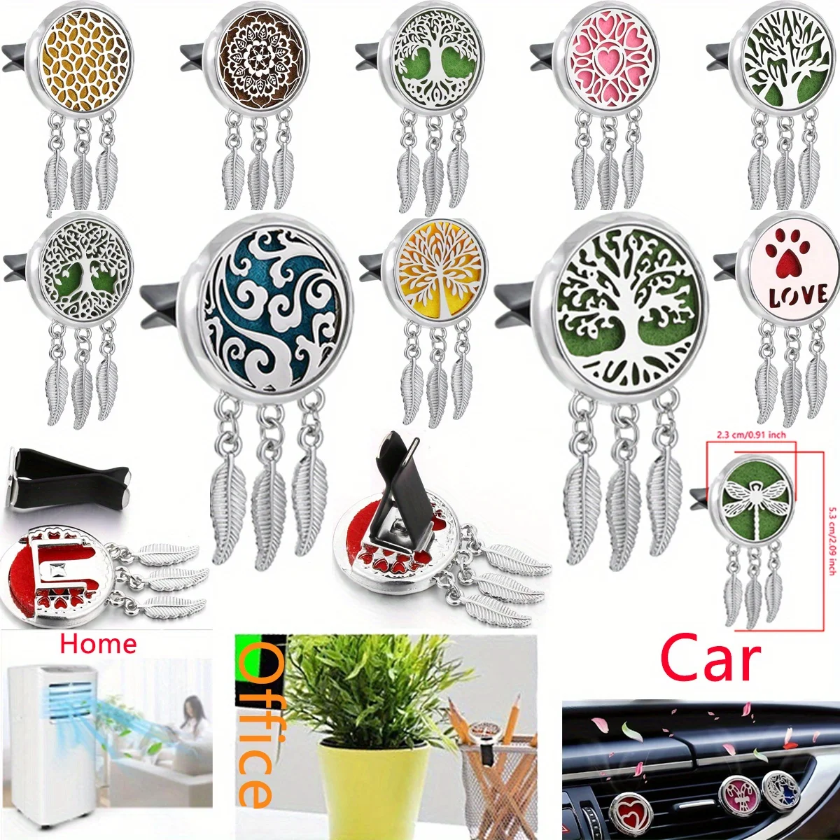 1 refillable car air freshener perfume feather pendant diffuser, car AC vent accessory, includes 10 pads.