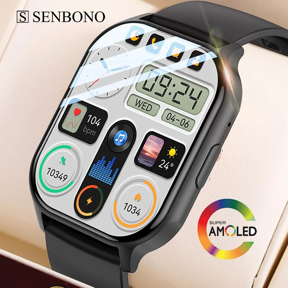 SENBONO 2.04'' AMOLED Screen Smart Watch Men Women Bluetooth Call Fitness Tracker Waterproof Sport Smartwatch Men for IOS Xiaomi