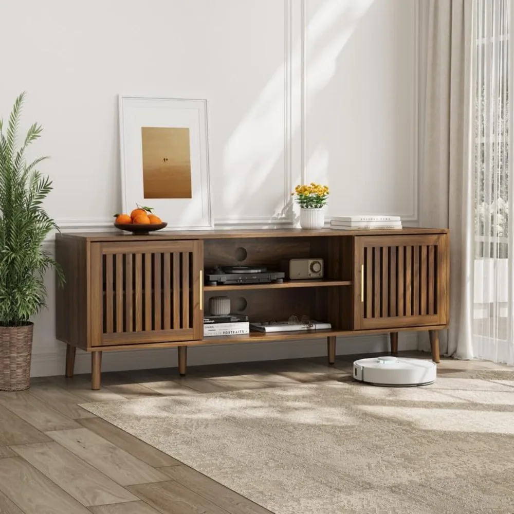 

63 Inch TV Stand with 2 Grille Door Cabinets & Adjustable Shelves - Modern Medieval Style Entertainment Center for 55 to 70 Inch