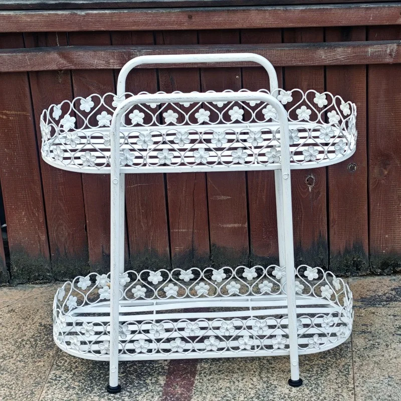 Vintage Iron Double Layer Plant Stand, Distressed Finish Shelf for Balcony Garden, Outdoor Decor & Hanging Basket Organizer