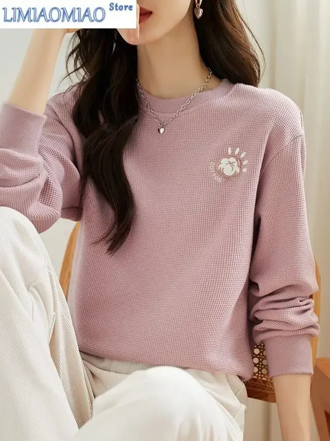 Autumn New Solid Color Embroidered Sweatshirts Women Classic Long Sleeve O-collar All-match Loose Fashion Comfortable Top