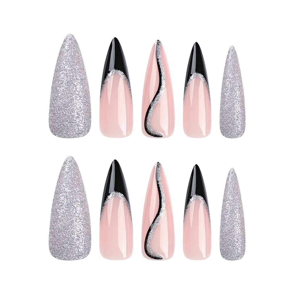 

JP3111 QTCJ 24Pcs Silver pink embellished with black patterns Wearable Nail Art Nail Patch Waterproof And Removable