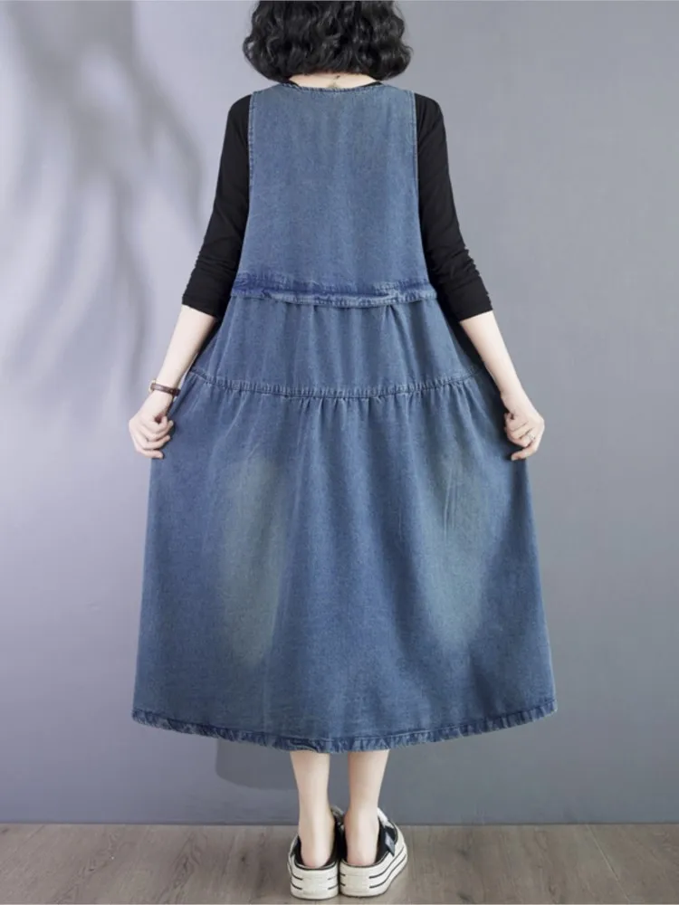 Denim Oversized Summer Sleeveless Vest Dress Women Loose Ruffle Pleated Fashion Casual Ladies Dresses A-Line Woman Midi Dress