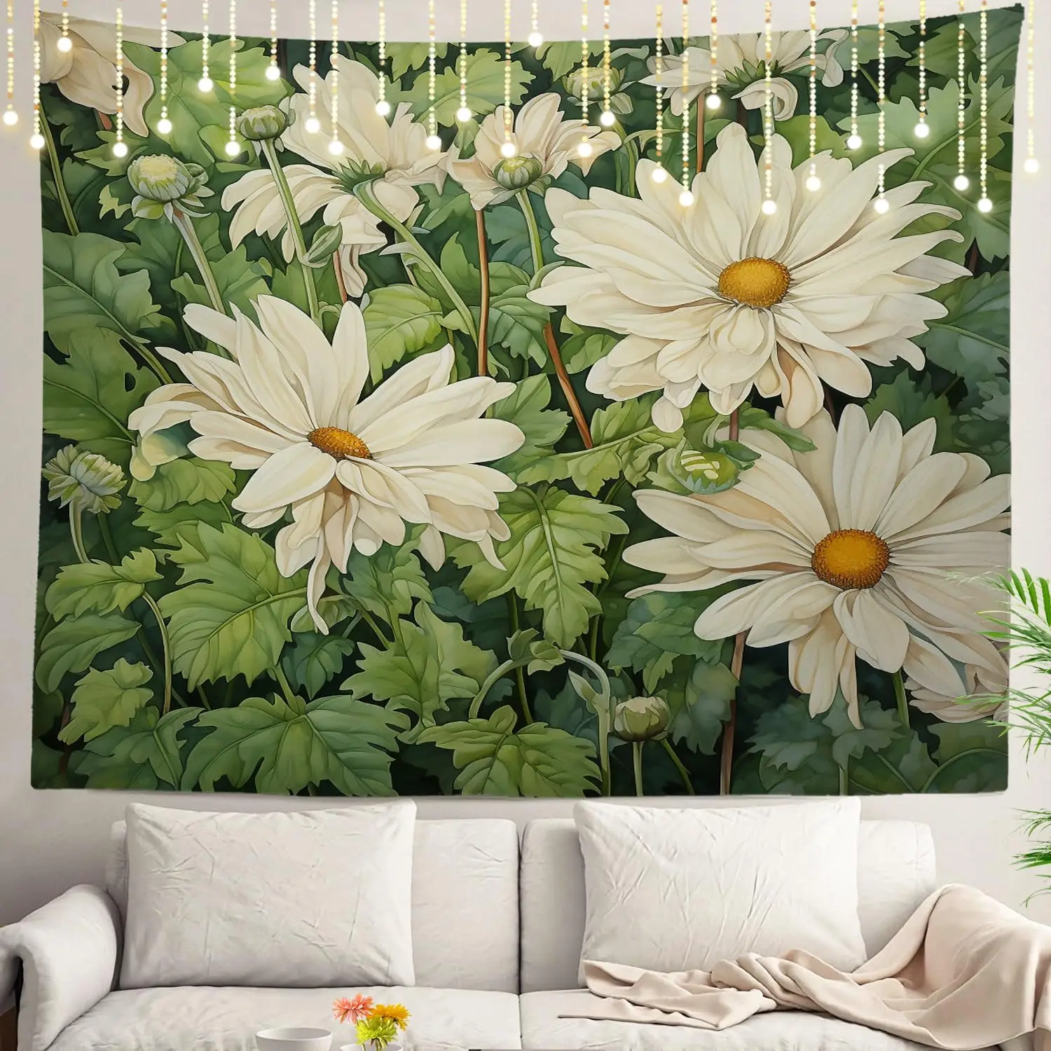Large Daisy Floral Tapestry Wall Hanging Botanical Flower Greenery Decoration Home Decor Living Room Polyester Fabric Art