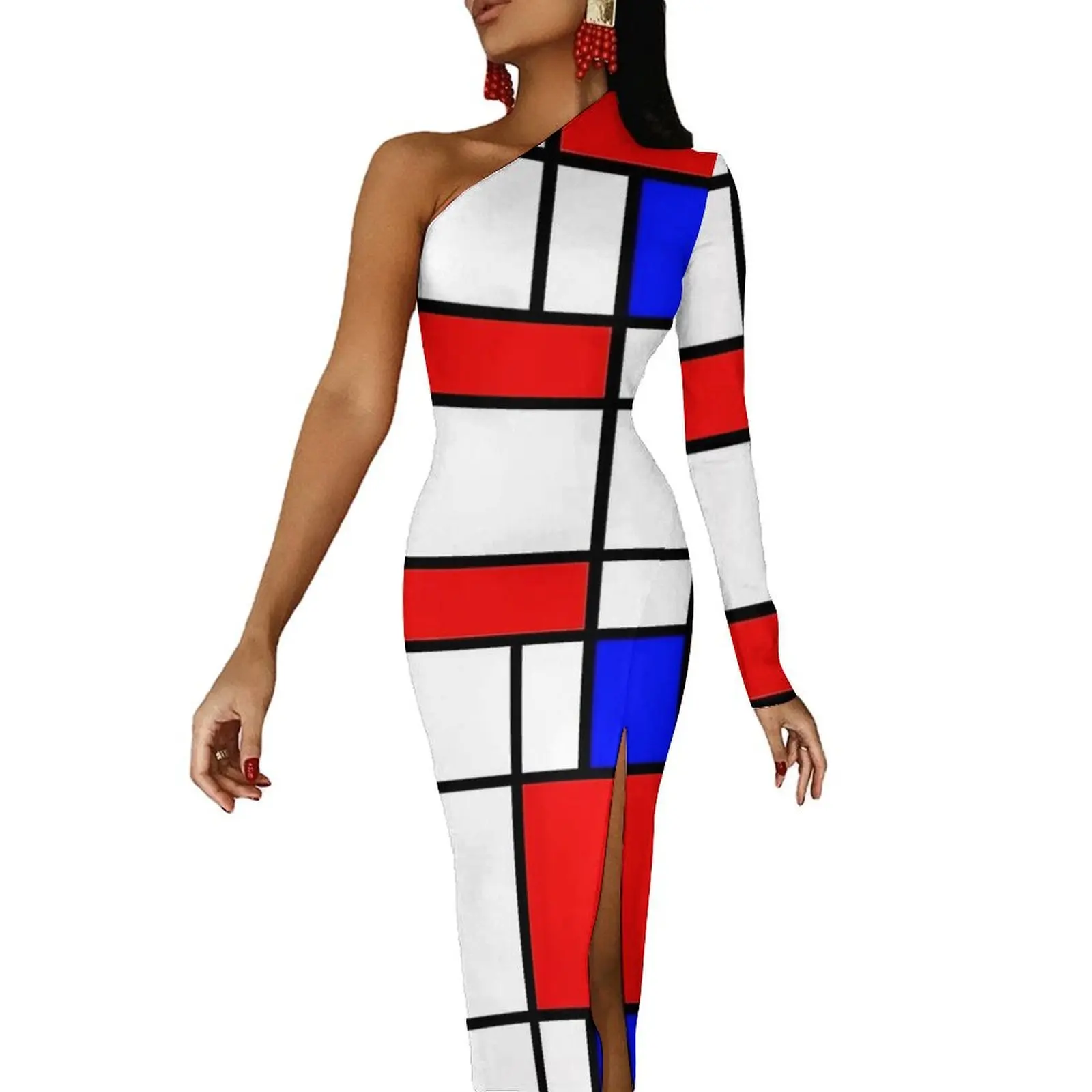 Mondrian vestido bodycon estampado colorido feminino vestido maxi moderno de um ombro vestidos personalizados para festa presente