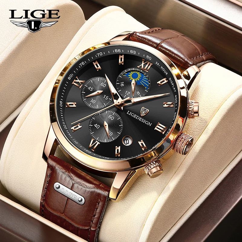 LIGE Top Brand Quartz Watch For Men Causal Style Waterproof Watches Leather Strap Wristwatch Luminous Chronograph Reloj Hombre