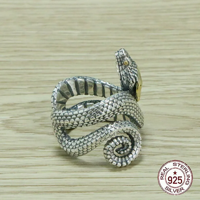 

S925 Sterling Silver Ring Vintage Jiaolong Creative Ethnic Style Exaggerated Snake Ring Punk Fashion Jewelry