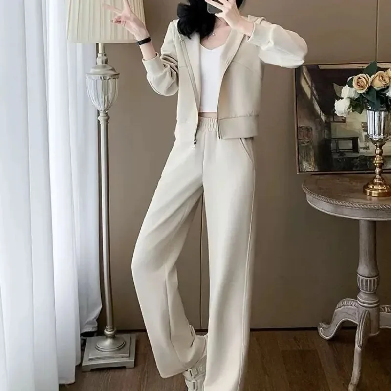Women's Casual Sports Suit 2025 Spring and Autumn New Fashion Hooded Sweater Zipper Jacket Tops and Wide-leg Pants Two piece Set