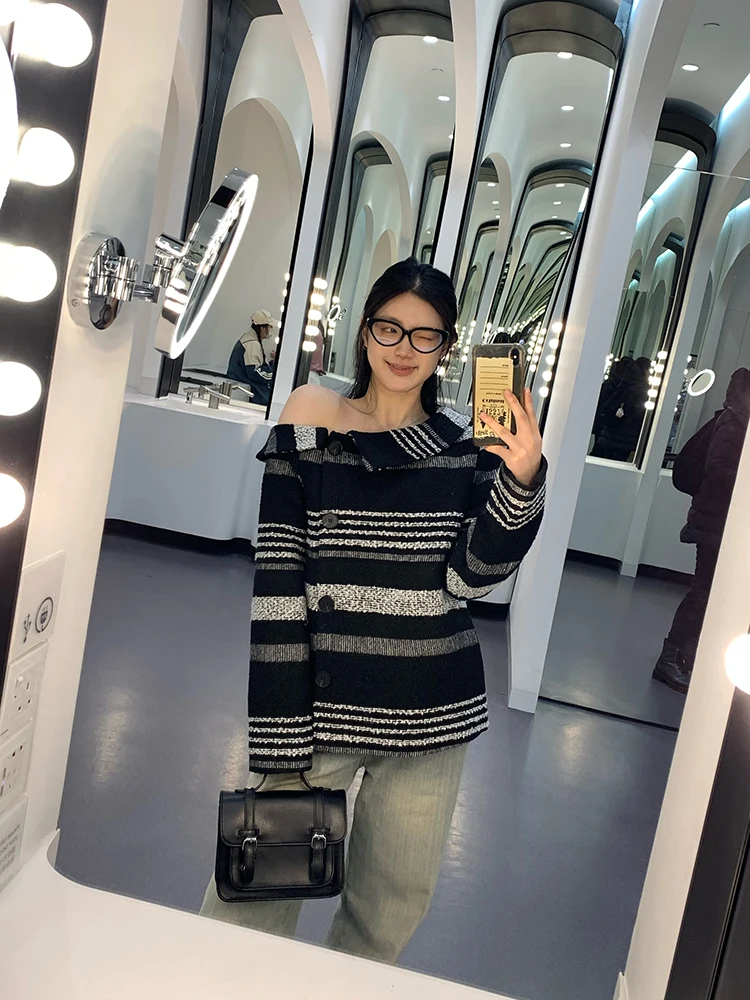 

YOKLASS Bla White Striped Thiened Cotton oulder Wrap Coat Commute Sle Loose Fit Long Sve Button Closure