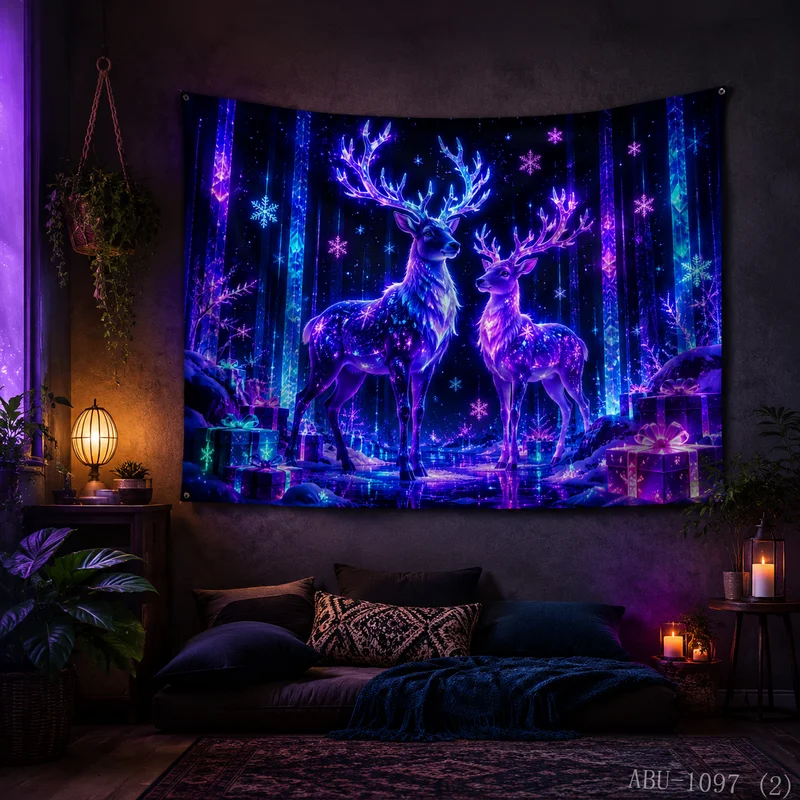VIKAMA Neon Ice and Snow Forest Elk Christmas Tapestry, HD Cloth, Cool Winter Holiday Background for Walls