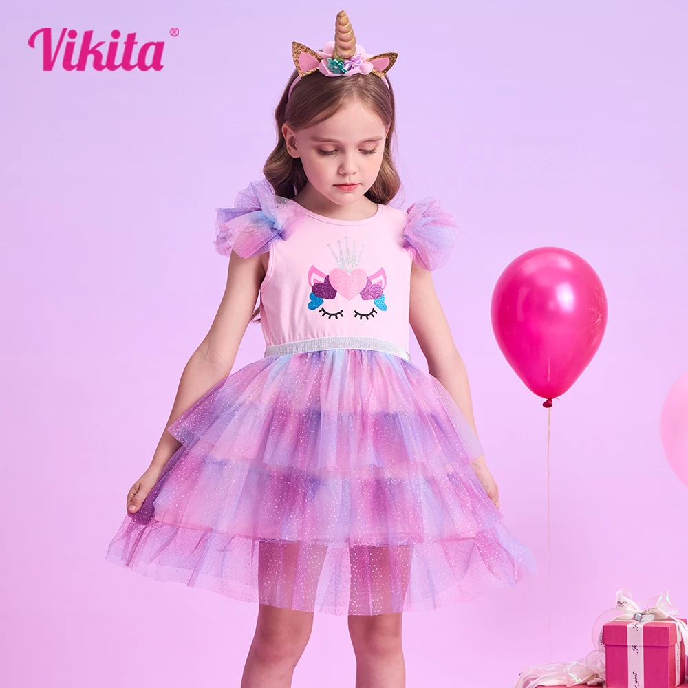 

VIKITA Girls Unicorn Print Cartoon Dress Kids Summer Flare Sleeve Dresses Girls Layered Mesh Tulle Cake Tutu Dress Kids Clothes