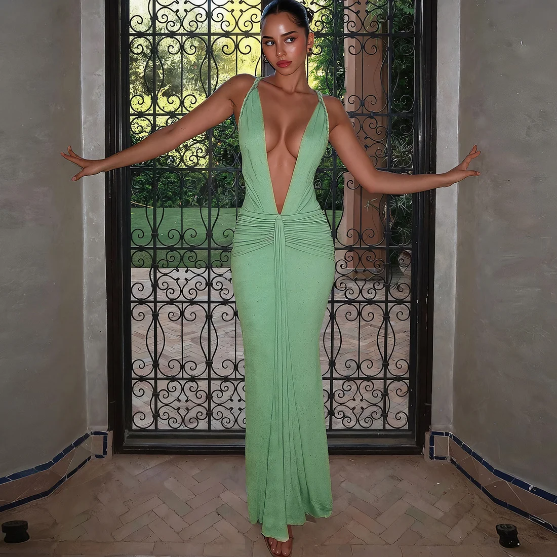 

Deep-V Neck Pleated Lace Up Women's Prom Dress Ribbon Backless Sleeveless Bandage Gown Green Party Skirt Spicy Newest In Stock