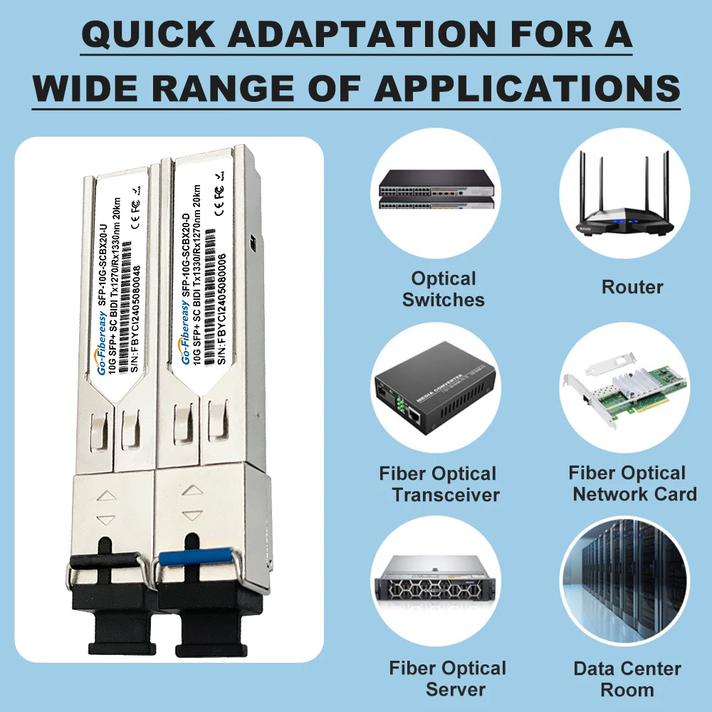 وحدة 10G BIDI SC WDM 20km SFP+ 1270/1330nm وحدة الألياف الضوئية أحادية الوضع متوافقة مع Cisco وMikrotik... إلخ التبديل البصري