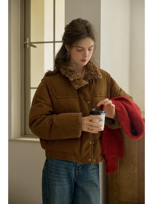 

Теплая ретро-куртка-пуховик для женщин, белая, с меховым воротником, зимняя, теплая, с объемным дизайном, модная женская одежда