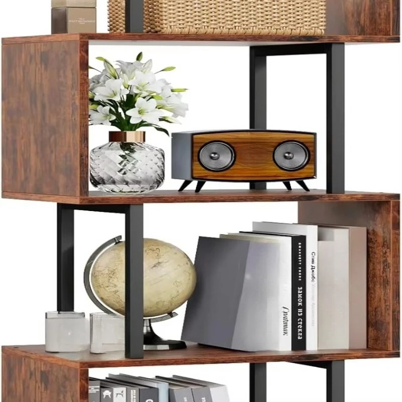 

Industrial modern style wooden bookshelf with metal frame, 5-story open shelving unit