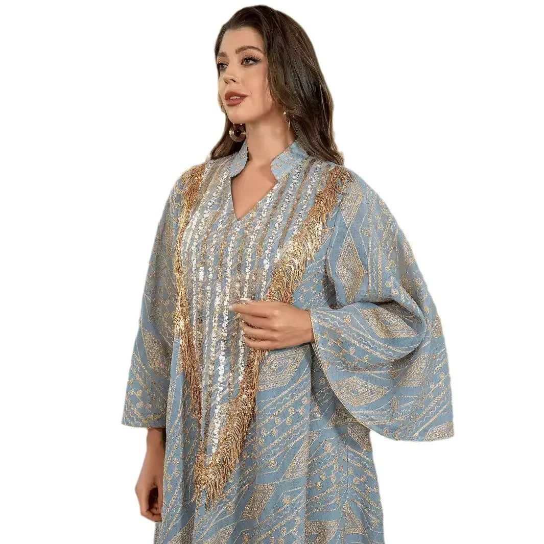 

Middle East Cross-border Arab Dubai Dress Robe Mesh Embroidered Sequined Dress Abaya