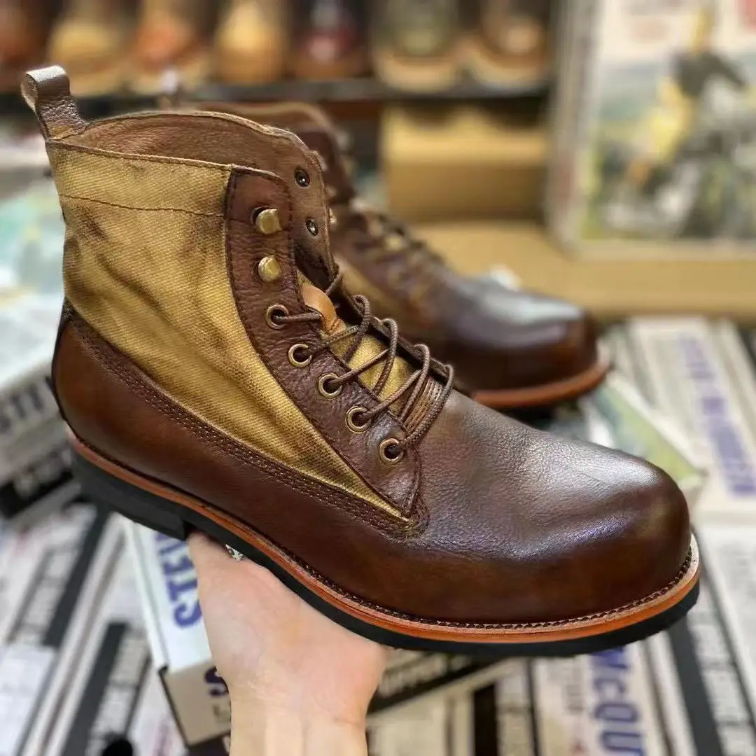 Punk Boots for Men Black Business Handmade Men's Short Boots Round Toe Ankle Boots Motorcycle Bootss Combat Boot Men Bota