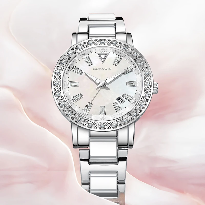 GUANQIN Luxury Quartz Watch for Women Mother-of-Pearl Dial Stainless Steel Case Calendar 30M Waterproof Luminous Lady Watches